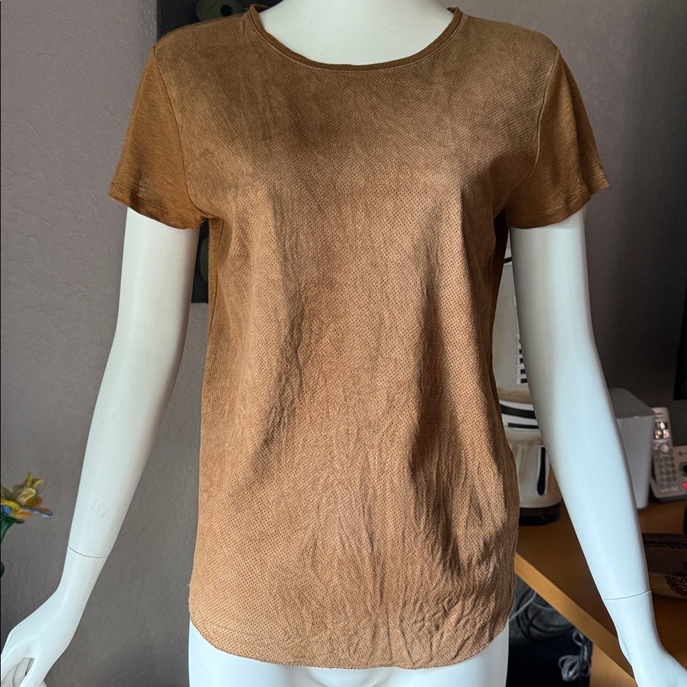 Camel Perforated leather and linen Women's Tee